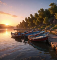 Obraz premium Riverbank scenery at sunset with boats tied up to the dock, sky, riverbank