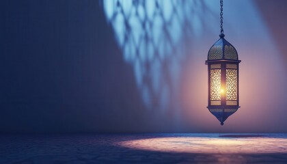 Intricate Metal Lantern with Warm Light Hanging in Dark Blue Room