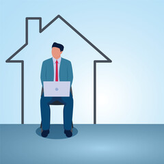 A man sitting with a laptop surrounded by lines forming a house. Illustration for remote work, work from home and freelancing from anywhere.