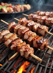 Pork skewer stick on the grill with a BBQ sauce drizzle, saucy, flavors, pork