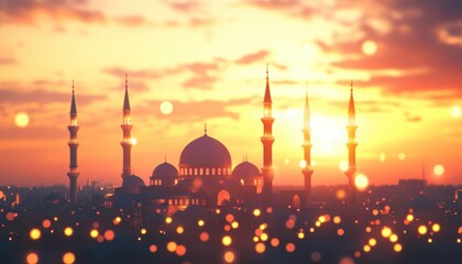 Fototapeta premium Majestic Mosque Silhouette at Sunset Over City