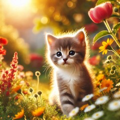 Obraz premium Cute kitten playing among bright flowers and green grass in sunny garden 