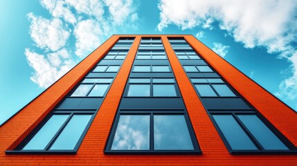 Low-angle view of a modern orange brick building against a blue sky.