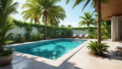 Fototapeta premium Piscine et palme dans une aquarelle de maison tropicale, fleurs, eau, palme