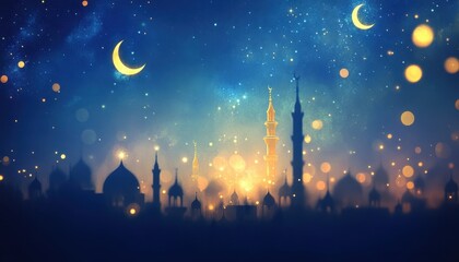 Naklejka premium Night cityscape with crescent moon and stars, golden lights illuminate silhouettes of mosques and buildings