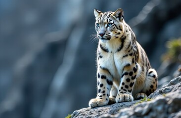 Obraz premium Rare Snow Leopard with Intense Blue Eyes Sitting on the rock in mountains. World Wildlife Day. Generated AI