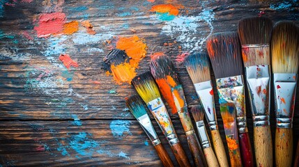 Obraz premium Paintbrushes covered in vibrant paint rest on a wooden surface