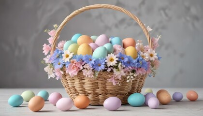 Pastel flower basket filled with colorful eggs, pastel colors, decorative eggs