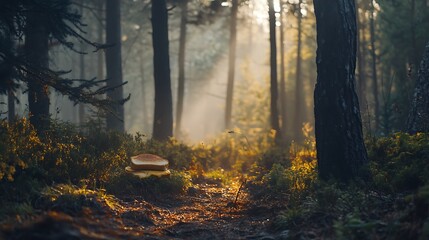 Obraz premium Sunbeams illuminate a misty forest path, with a mushroom in the foreground.
