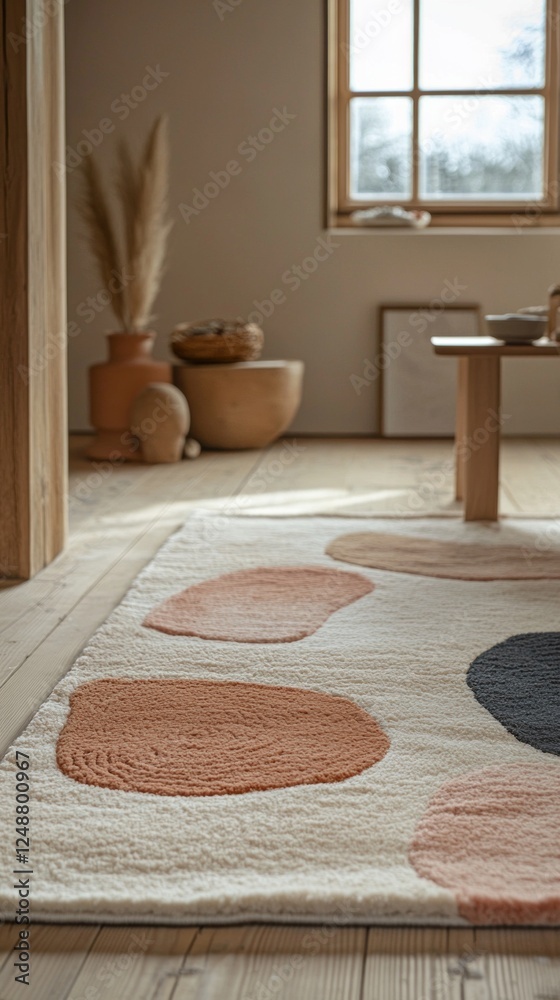Poster soft lighting illuminates a spacious room adorned with a cozy rug featuring abstract shapes in paste