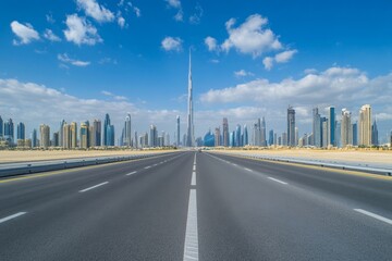 Obraz na płótnie Canvas Desert highway leading to modern city skyline under blue sky