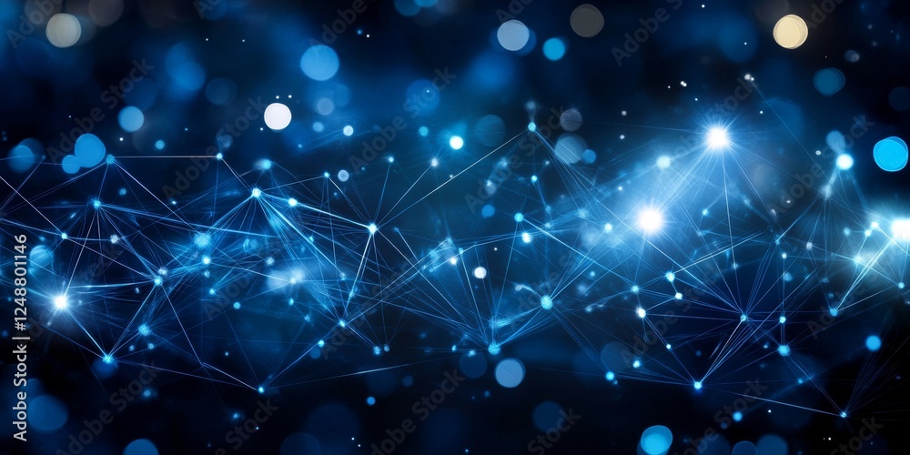 Poster abstract technology network background design with interconnected nodes and blue bokeh