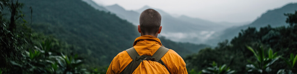 Man in Orange Jacket Overlooking Mountainous Terrain