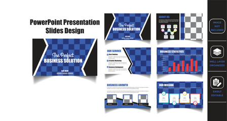 Professional PowerPoint presentation template with a modern blue and black design, featuring business solutions, statistics, services, and team profiles for corporate use