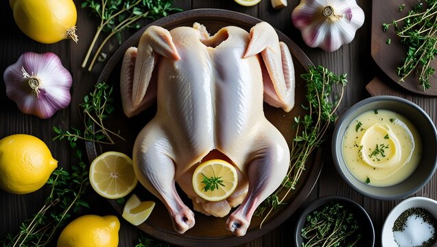 Chicken recipe meal preparation display on a wooden table with lemon, thyme, garlic, herbs