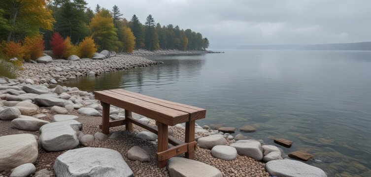 Solo wooden bench sits atop a rocky shoreline overlooking Pewaukee Lake on a gray morning, wisconsin, landscape, bench
