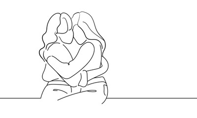 Two girls hugging, continuous line drawing. Support, empathy, friendship. Vector illustration isolated on white background