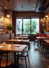 Fototapeta premium Soft focus restaurant interior with blurred tables, mysterious atmosphere, subtle, hazy