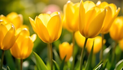 Fototapeta premium Sunlit Yellow Tulips: A Vibrant Springtime Floral Display