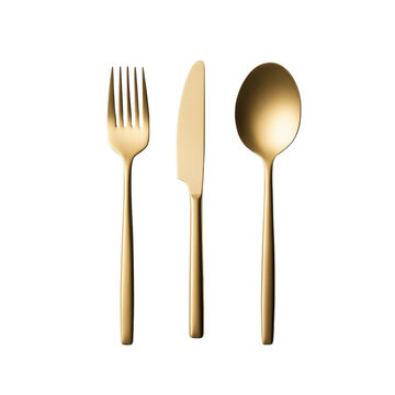 Golden cutlery set featuring a fork, knife, and spoon on a white isolate background.