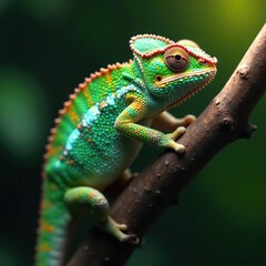 Obraz premium Veiled chameleon clinging to tree branch, vibrant green scales , habitat, wild, detail