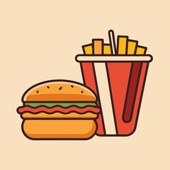 A minimalist and sleek fast food logo with a single-line drawing of a burger, fries, and a soda cup,