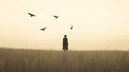 Fototapeta premium Woman wheat field sunset birds solitude contemplation