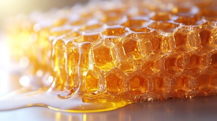 Honeycomb with Dripping Honey on Soft Background. Generative AI