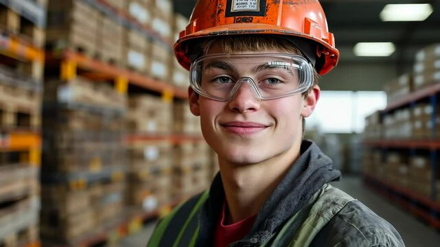 Young man wearing a hard hat and safety glasses is smiling. He is standing in a warehouse