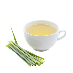 Lemongrass tea in a white cup with fresh lemongrass stalks, white isolated background.