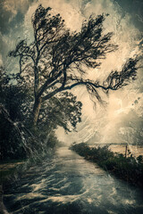 Fototapeta premium tree,wind,road,water,nature,storm,dark clouds,light - shadow,landscape,force