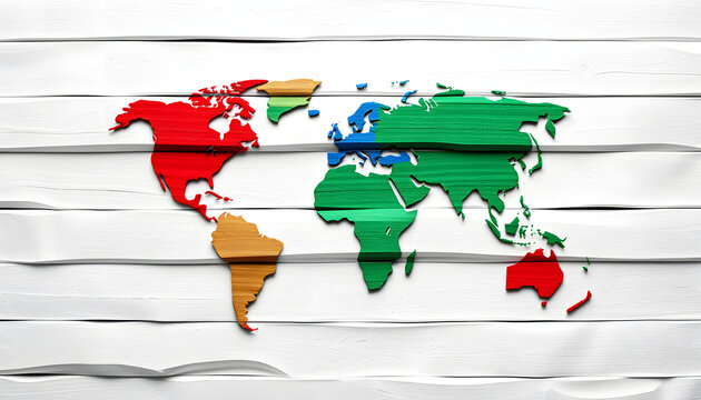 white wall background with colorful briks with world map shape: red, blue, green and gray texture - background wallpaper. with white shades