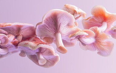 A visually stunning arrangement of mushrooms in free floating motion soft pastel lavender background