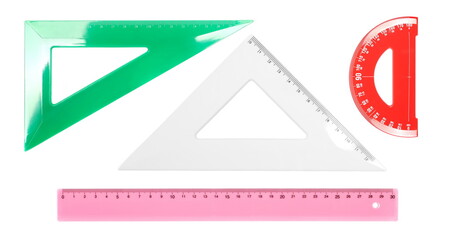 Set colorful plastic triangle, ruler and semicircle, isolated on white background, top view, clipping path