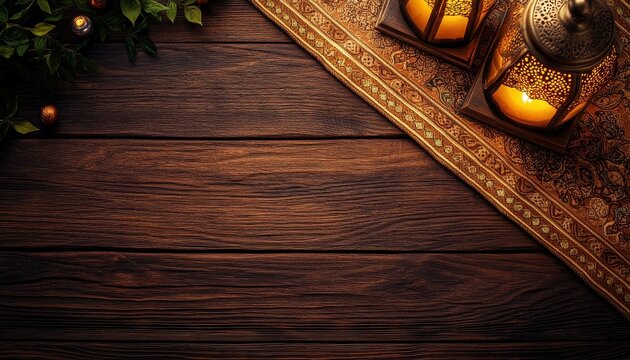 Ornate Gold Lanterns and Candles on Dark Wooden Table