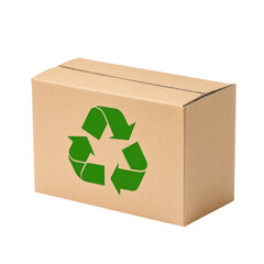 Recyclable cardboard box with green recycling symbol, white isolate background.