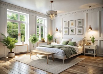 Naklejka premium Modern minimalist Scandinavian bedroom: white bed frame, clean lines, 3D rendered floor plan.