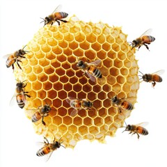 Honeycomb with Busy Honey Bees Working Together in Nature Close Up