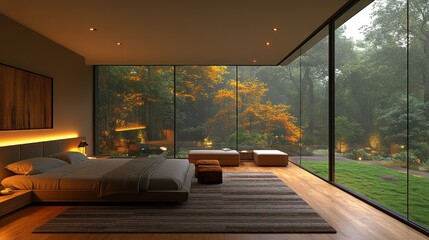 Fototapeta premium Serene Bedroom with Panoramic Forest View