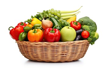Organic fruits and vegetables in a white wicker basket