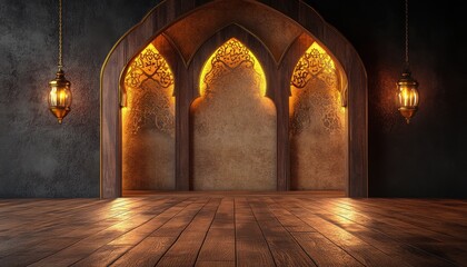 Obraz premium Ornate Golden Archway with Lanterns and Wooden Floor