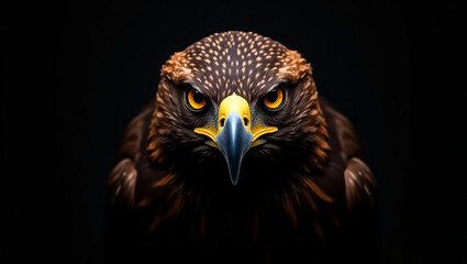Fototapeta premium Close up of a majestic eagle head-on, focused on the sharp yellow eyes and pointed beak. 