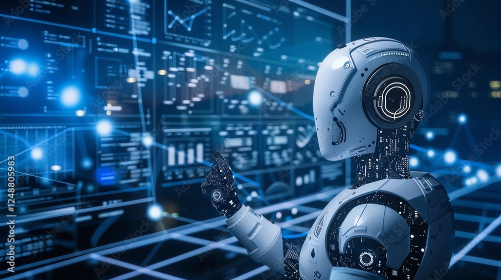 Poster a white robot stands in front of a large screen with digital data, its arm extended and pointing to 