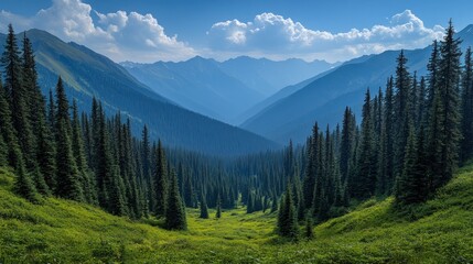 Fototapeta premium Majestic mountain valley with evergreen trees.