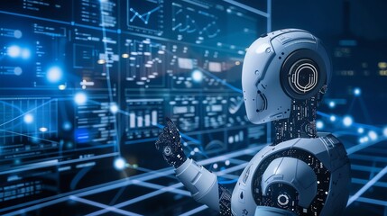 A white robot stands in front of a large screen with digital data, its arm extended and pointing to something on the screen.