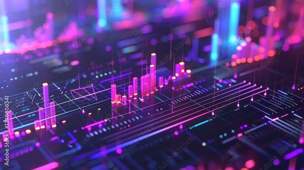Poster abstract 3d rendering of a digital network with glowing lines and bars.