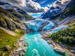 Norway's Buerbreen glacier melts dramatically under summer heat, a stark drone shot revealing climate change's impact.