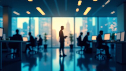 An abstract image showcasing motion-blurred silhouettes of people walking in a modern office environment. The scene is illuminated by contrasting blue and yellow light panels, creating a dynamic and f