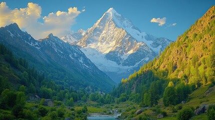 Majestic snow-capped mountain peak at sunset, valley.
