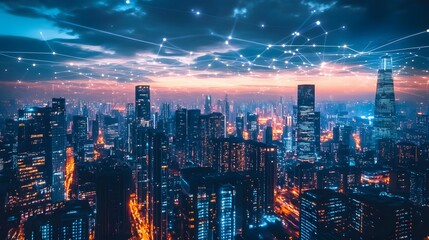 Fototapeta premium A cityscape with a lot of lights and a lot of buildings. The sky is cloudy and the sun is setting